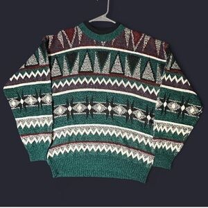 SOLD Men's Patterned Crewneck Sweater - Green, Black, and White